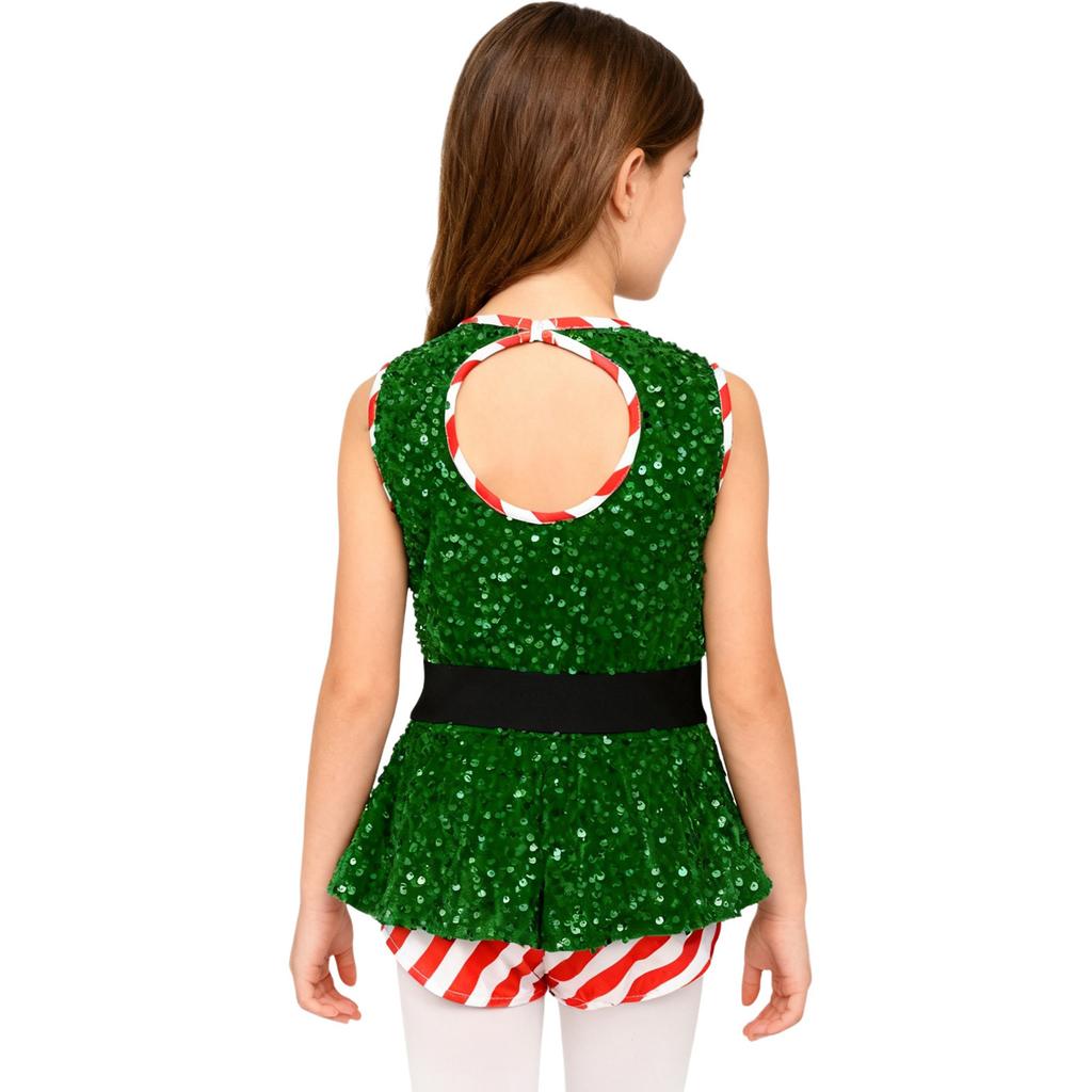 Kids Girls Christmas Santa Elf Costumes Candy Cane Striped Sequins Dance Leotard Xmas Skating Bodysuit
