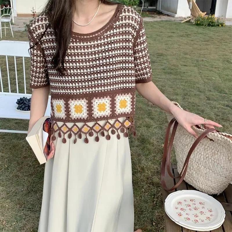 Женская короткая футболка в этническом стиле Color Collision, ретро-кисточки, деревенский стиль, ажурные трикотажные топы