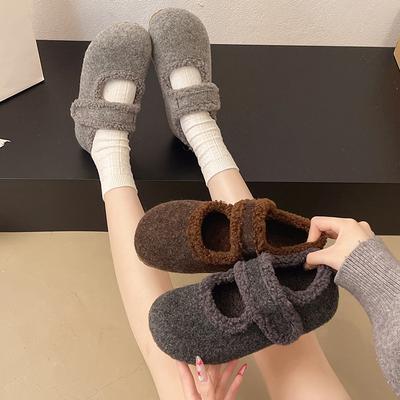 Осень и зима с юбками, теплые и бархатные туфли Мэри Джейн, пушистые туфли, внутренняя танкетка, одинарные туфли, хлопковые туфли, шерстяная мягкая подошва