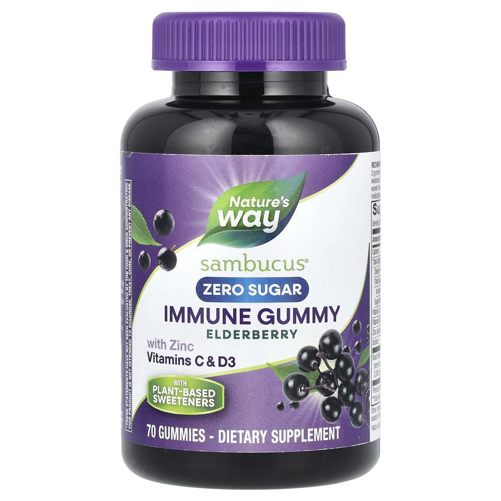 Nature's Way Sambucus, Containing Zinc, Vitamin C and D3, Immunity-boosting Gummies, Sugar-free, Elderberry, 70 Gummies