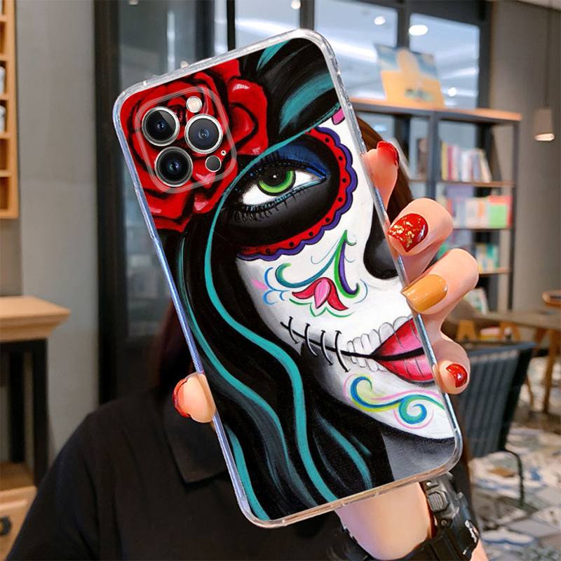 Catrina Beautiful Rose Girl Skull Phone Case For iPhone 14 13 12 11 Pro Max XS X XR SE 2020 6 7 8 Plus Mini Transparent Shell