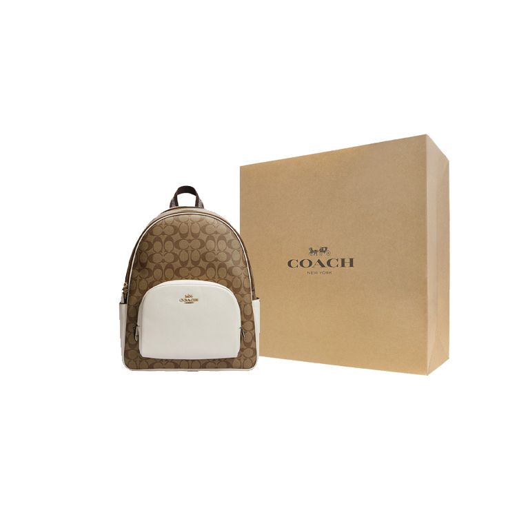 Coach 32 Color Block Leather And PVC Backpack Large Women backpacks White Brown 6495-IMDJ8