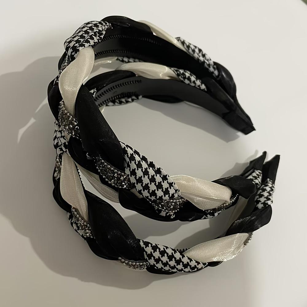 [Элегантная Нескользящая Повязка на Голову Женская] Элегантная Плетеная Повязка на Голову в Винтажном Стиле со Сверкающими Стразами - Широкий Нескользящий Аксессуар для Волос для Женщин