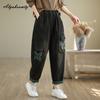 Korean Style Autumn Winter Women Butterfly Jeans High Waist Casual Loose Appliques Denim Pants Navy Black Vintage Jeans