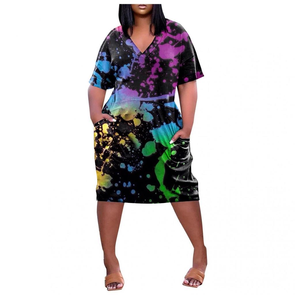 Женское летнее повседневное платье больших размеров с V-образным вырезом и коротким рукавом с карманом до колена
