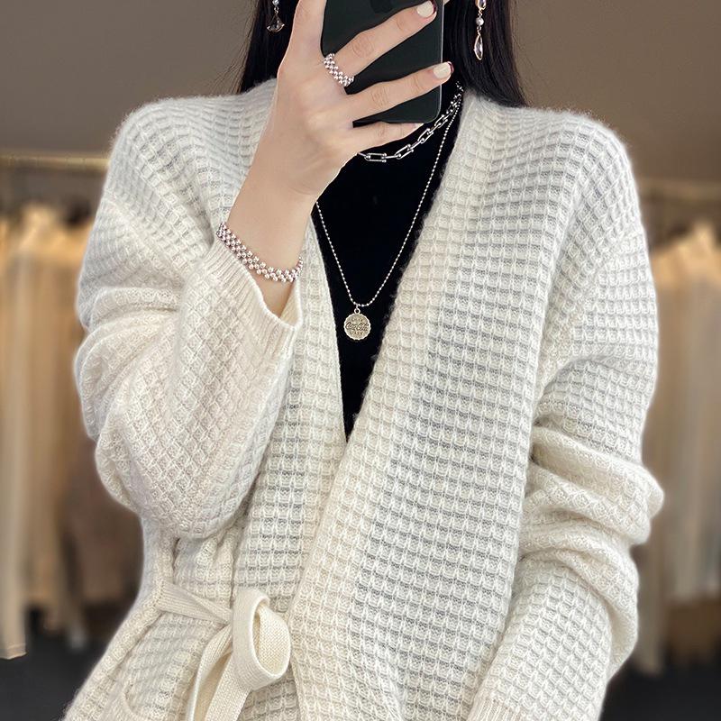 Women's 2023 Loose Cashmere Tie-Up Sweater, Long Sleeve, Pure Wool, Knitted Cardigan with % Collar for Spring