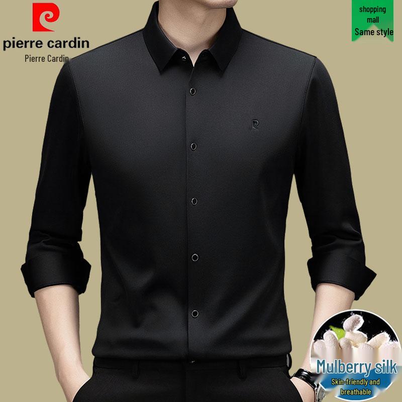 Мужская рубашка Pierre Cardin с длинным рукавом из шелка-тусса (mulberry silk) - Не требует глажки, С начесом, Высококачественный business casual для осени/зимы