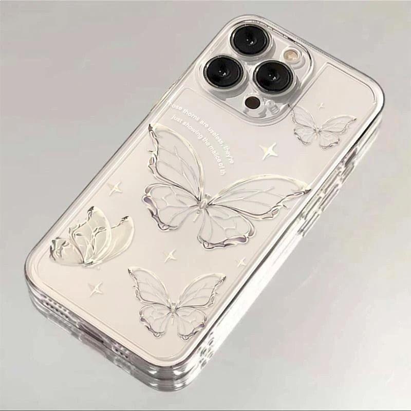 Silver butterfly for Apple 16PROMAX mobile phone case iPhone15 transparent 14 creative 13 soft case 12 advanced