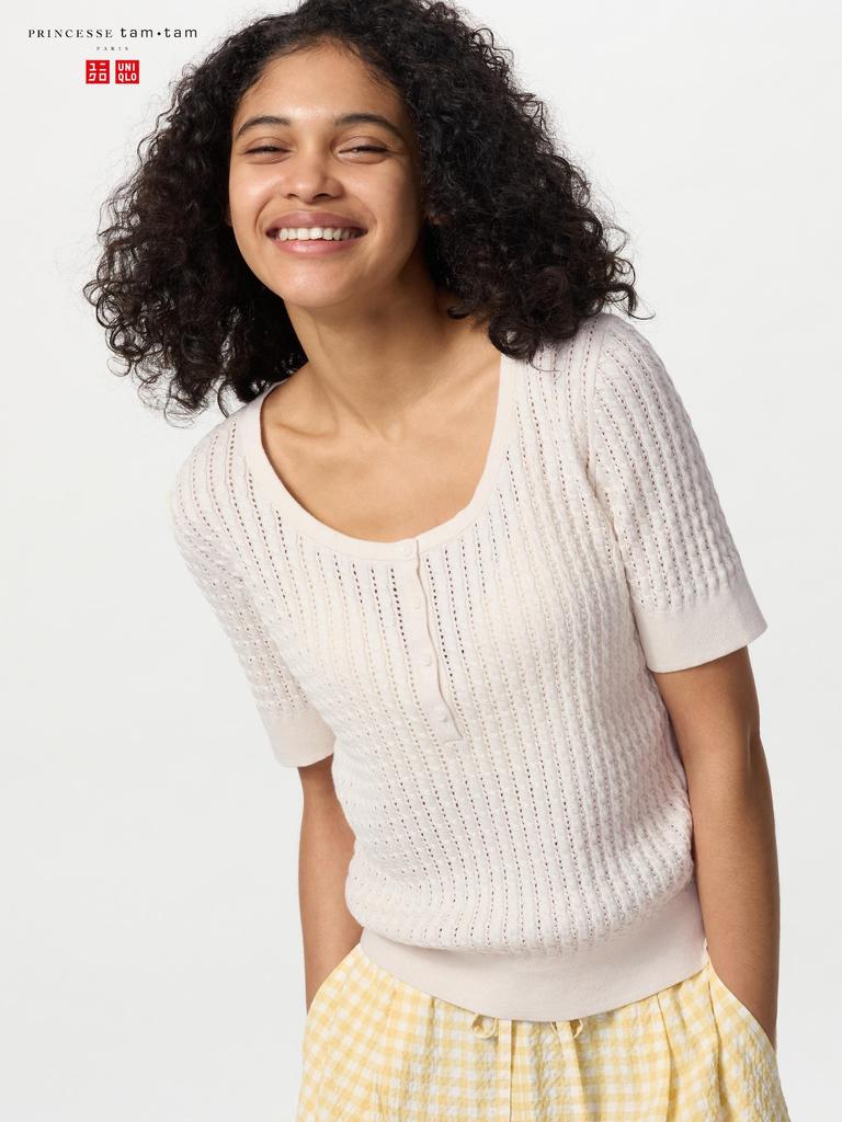 Uniqlo Японский вязаный свитер с воротником-хвостом и коротким рукавом