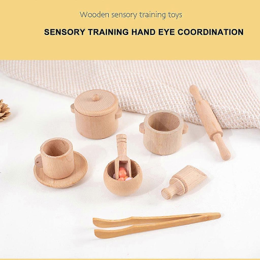 Wooden Tea Set Toys Sensory Bin Tools, Kids Pretend Kitchen Play Accessories for Preschool Toddlers 11Pcs