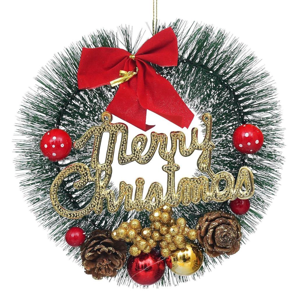 Зеленый рождественский венок для входной двери с красными ягодами, шарами, цветами, лентой | Гирлянда на Рождество | Рождественские подарки, украшения, реквизит