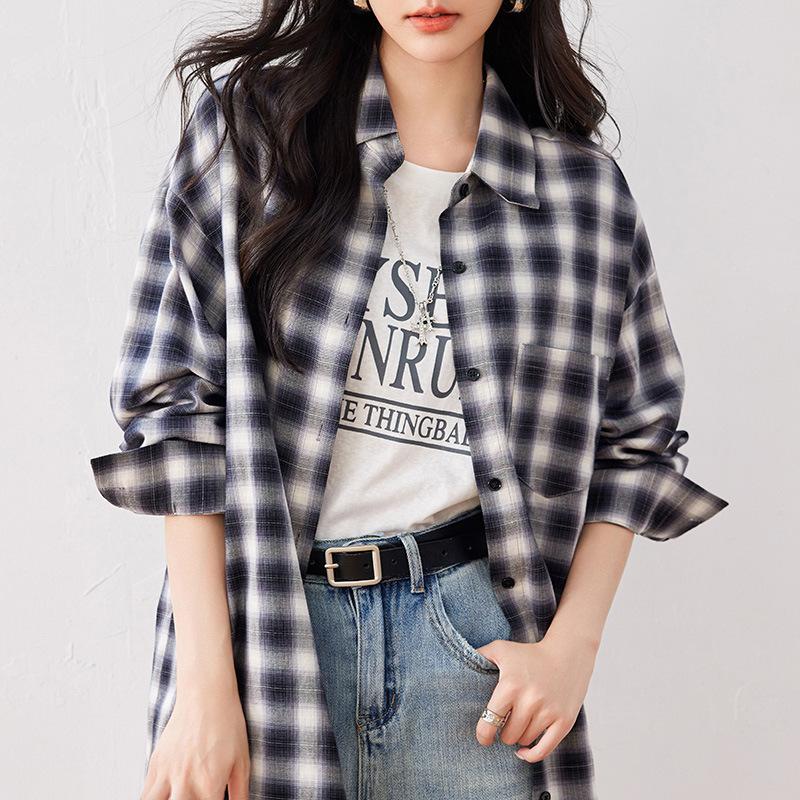 Женский винтажный клетчатый повседневный свободный топ с длинными рукавами