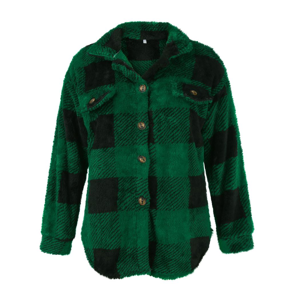 Женская осенне-зимняя модная толстая плюшевая однотонная клетчатая пуговица с длинными рукавами, повседневная спортивная повседневная куртка, флисовый топ с карманом