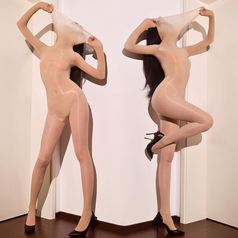 Женский сексуальный комбинезон-боди, бесшовные масляные блестящие чулки, с высоким вырезом, 5D, полностью закрытые колготки, бодистоки с высоким горлом