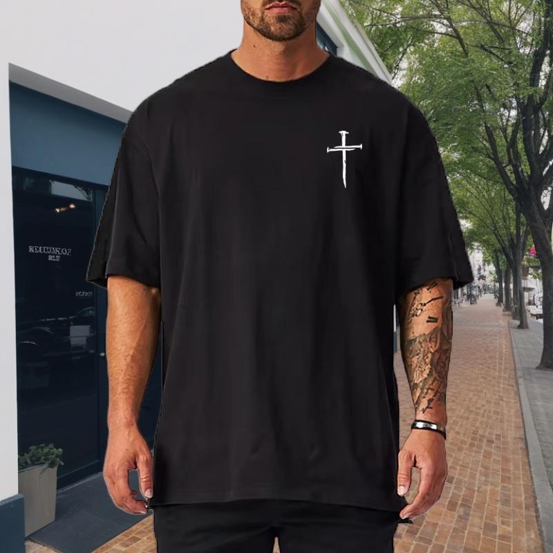 Large Cotton Men's Personalized Cross Print Men's Fitness T-shirt Loose Short Sleeved Round Neck Top T-shirt Daily Casual Wear