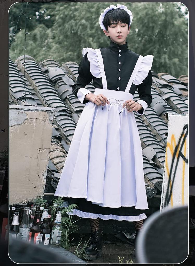 Dress Maid Cosplay Long Sleeve Long Maid Clothes Black [Lady Lazy] Women's Men's (2XL)