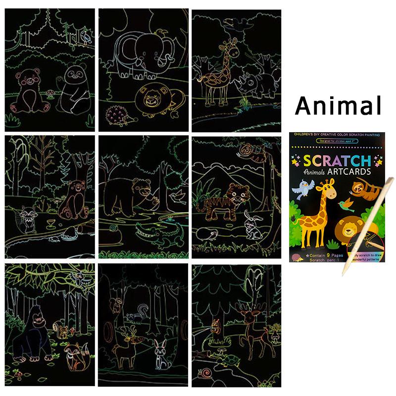1Book Magic Rainbow Color Cartoon Scratching Paper 9PCS/Set DIY Scratch Graffiti Card Kit School Rewards Gift Party Souvenir ZYF