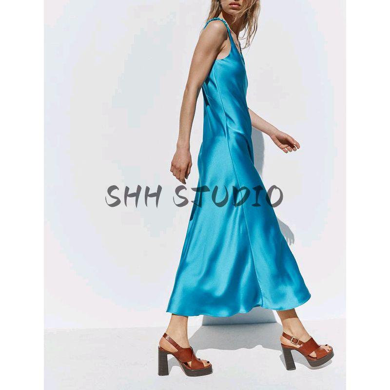 Spring New Women's Clothing British Style V Neck Silk Satin Texture Sleeveless Sling Midi Skirt Dress 2770399
