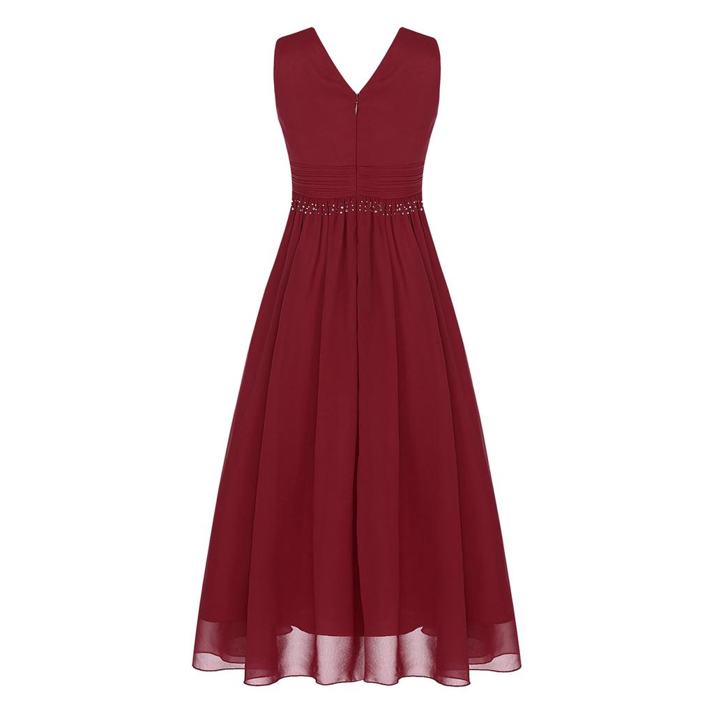 Girls Formal Party Gown V Neck Sleeveless Ruched Interwoven Chiffon Long Dress for Wedding Flower Girl Cocktail