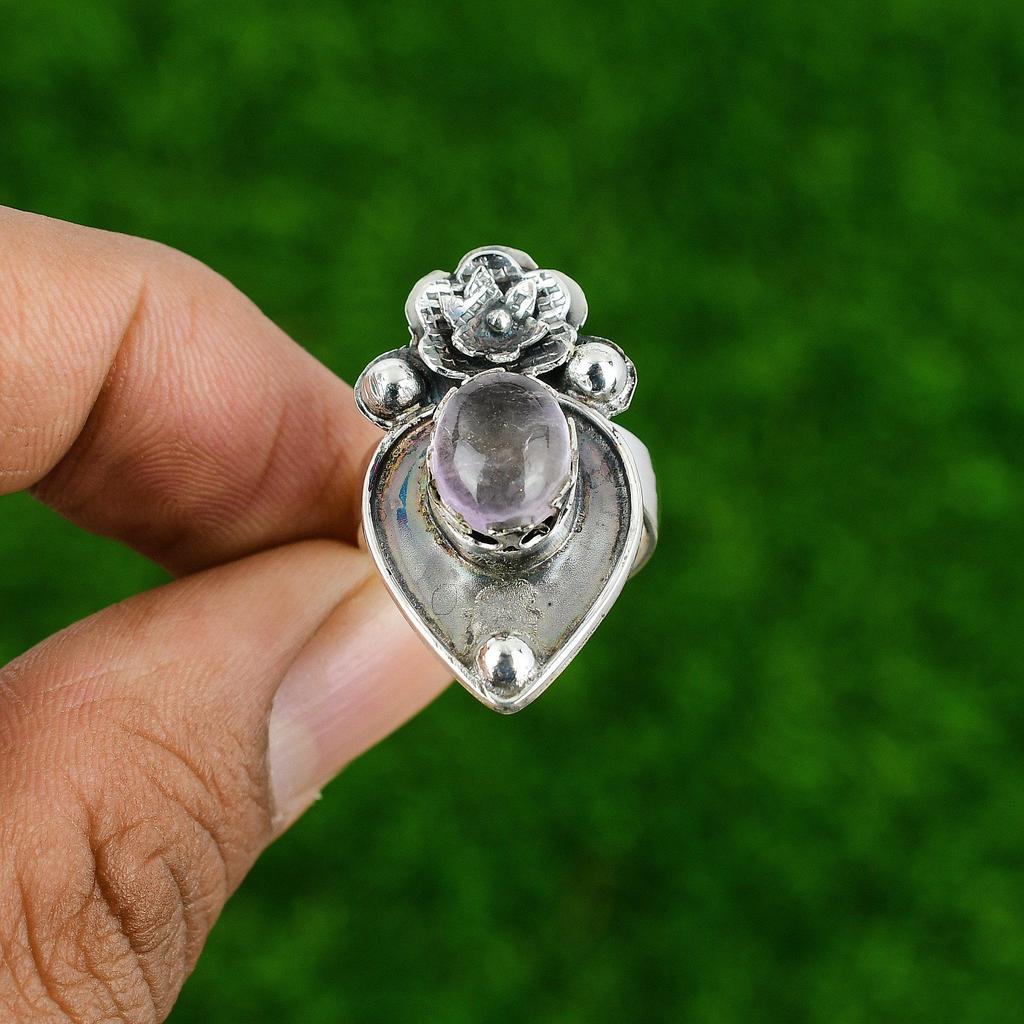 Promise Flower Adjustable Ring 925 Silver Natural African Amethyst