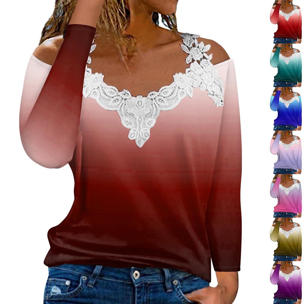 Модный кружевной пуловер с V-образным вырезом, длинный рукав, градиентный принт, повседневная футболка