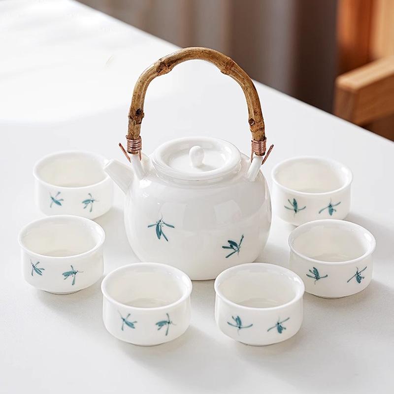 Suet jade porcelain hand-painted magnolia flower household beam pot large kung fu tea set teapot cool kettle ceramic
