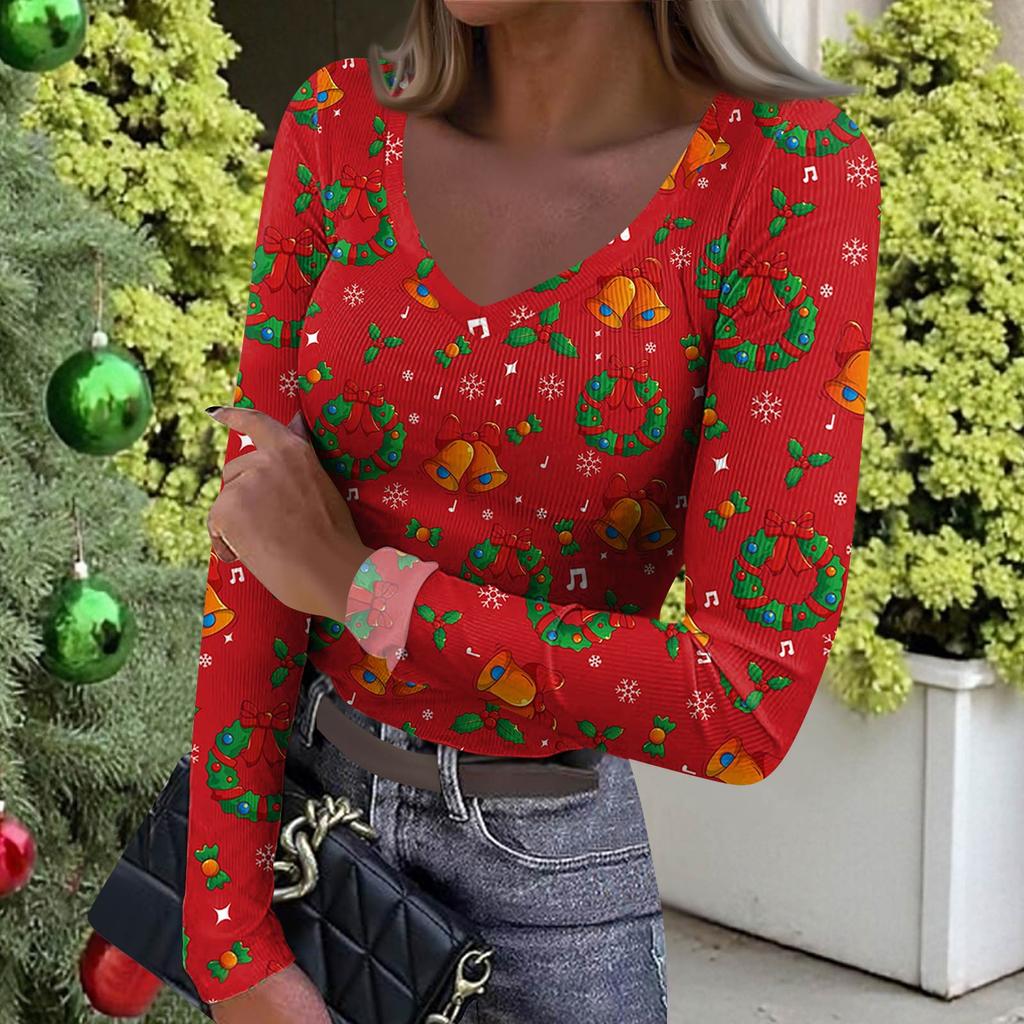 Women's Winter Slim-Fit Base Layer T-Shirt Fashionable Christmas Print V-Neck Pullover Long-Sleeved Top