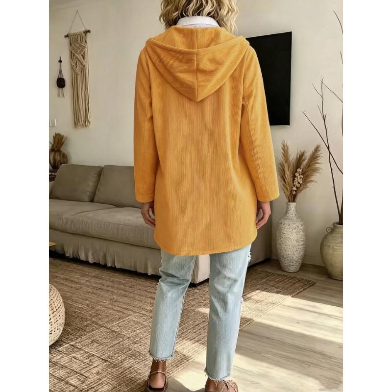 Women Hooded Corduroy Jacket Loose Mid Length Casual Outerwear