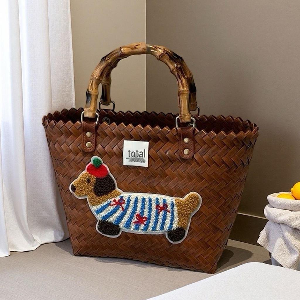 Плетеная сумка-тоут для щенка таксы с бамбуковой ручкой, винтажная пляжная сумка