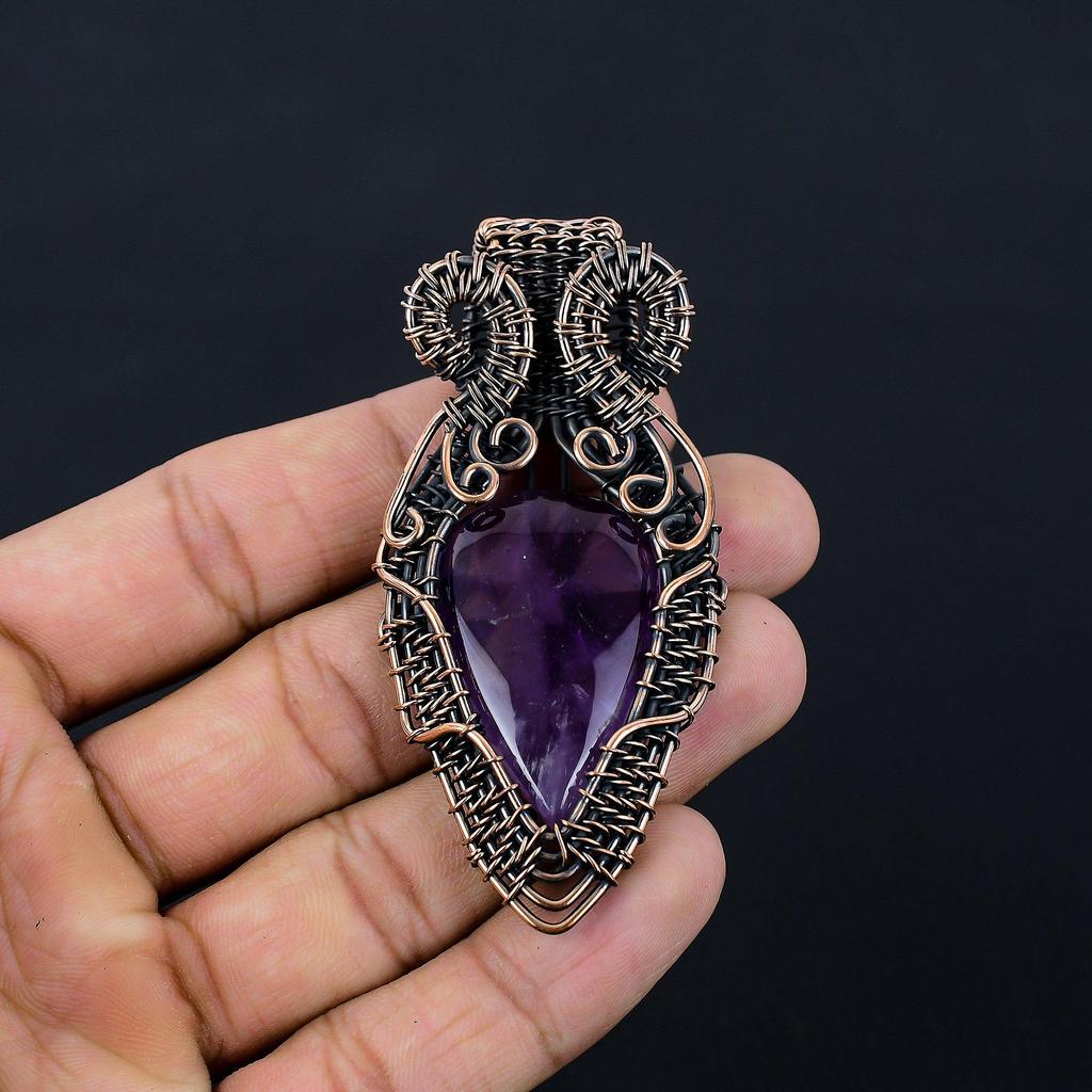 Gorgeous Amethyst Gemstone Pure Copper Wire Wrapped Handmade Pendant Jewelry