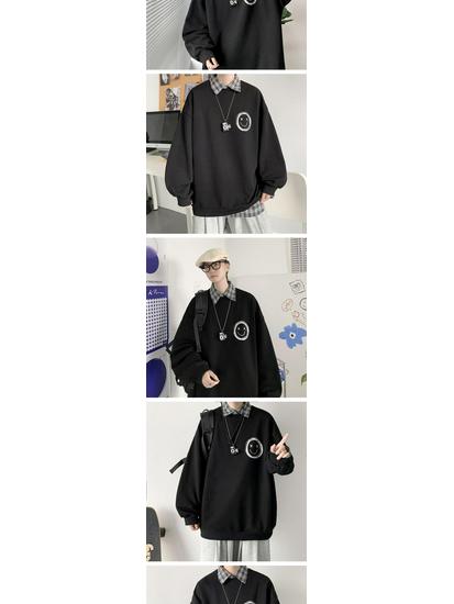 Мужское модное худи со смайликом - Гонконгский и корейский стиль, свободный крой, осенняя уличная одежда, круглый вырез, принт