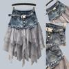 Fashion Women Denim Mesh Patchwork Skirt High Waist A Line Asymmetric Frill Tulle Gothic Chic Skirts