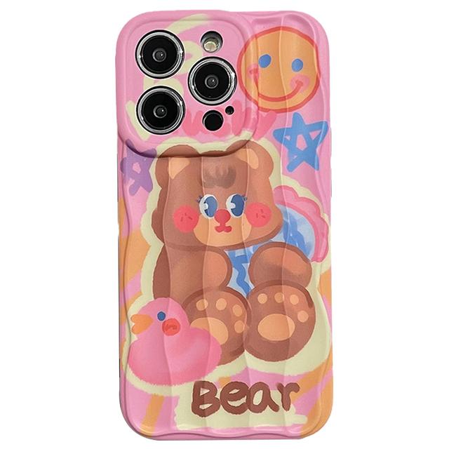 Ins Oil Painting Graffiti Bear Rabbit Case For Iphone 13 11 14 12 Pro Max 14 Plus Soft Imd Water Ripple Back Cover