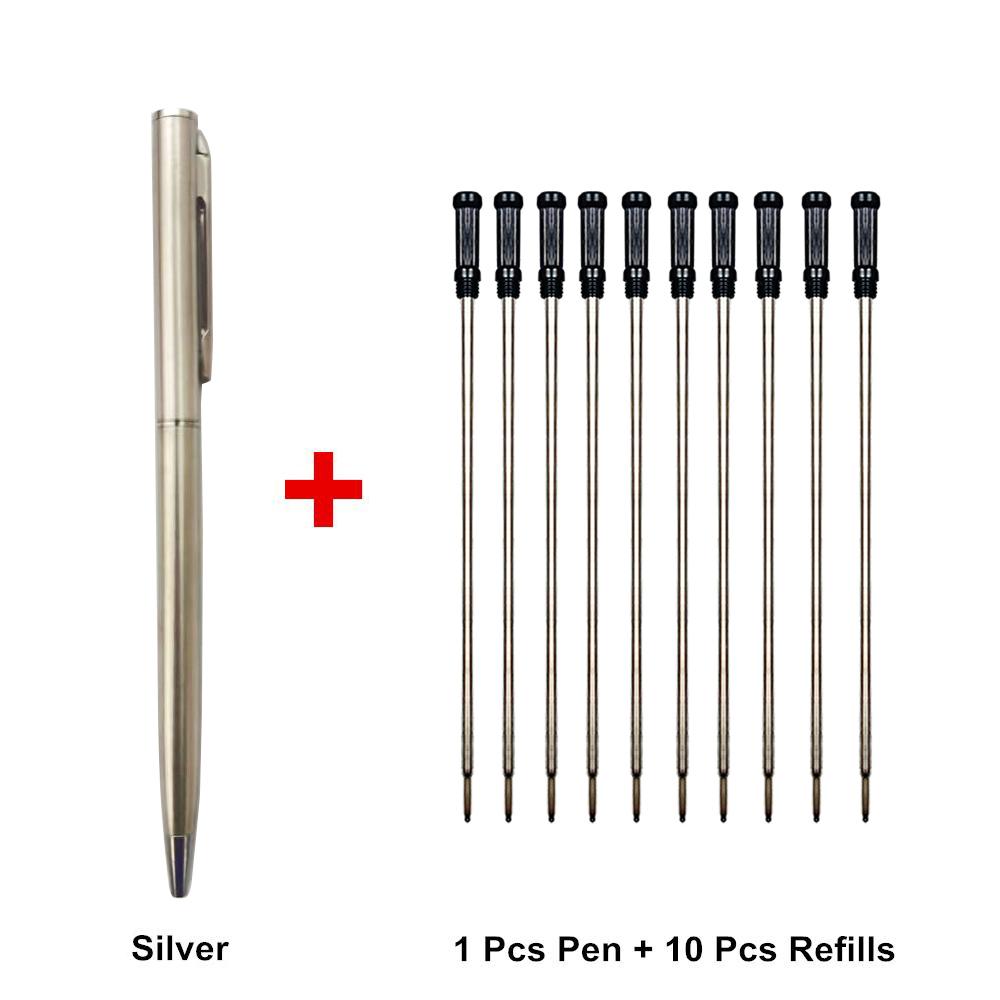 1 ручка + 10 стержней, металлическая шариковая ручка со стержнями для школы, офиса, материал из нержавеющей стали, вращающиеся канцелярские принадлежности, ручки