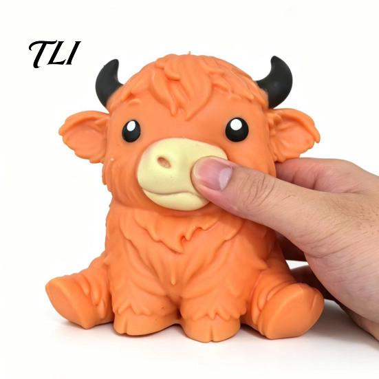 Relaxing Hand Therapy Toys Highland Cow Stress Relief Toy, Squeezable Cattle Sensory Soft Calming Toy Ball Fidget for Office Home and Classroom