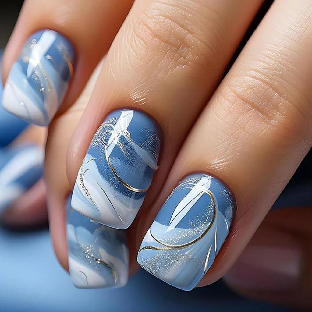 Fresh Blue & White Gradient Short Square Detachable False Nails with Irregular Lines