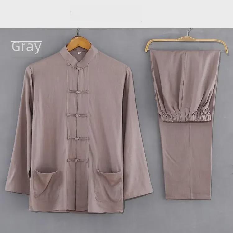 Мужской костюм Тан из хлопка и льна: Длинный рукав кардиган в китайском стиле Ханьфу из двух частей для людей среднего и пожилого возраста