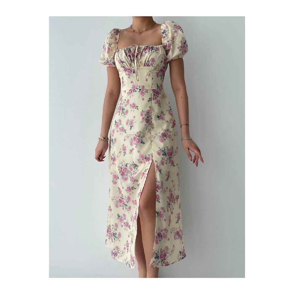 Women's Slit Loose Cut Skirt Collar Tie Detail Short Sleeve Blue Floral White Summer Dress