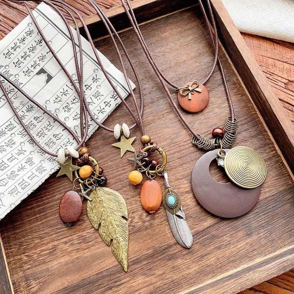 New Chinese Style Feather Leaf Pendant Necklace Vintage Sweater Chain Long Ropse Necklace  Women