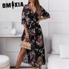 Женская мода лето весна цветочный принт рукав 2/1 с v-образным вырезом повседневные платья
