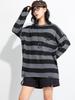 2025 Autumn/Winter Women's Plus Size Loose Color Block Striped Sweater - Ripped Knitwear, Crew Neck, Long Sleeve Pullover.