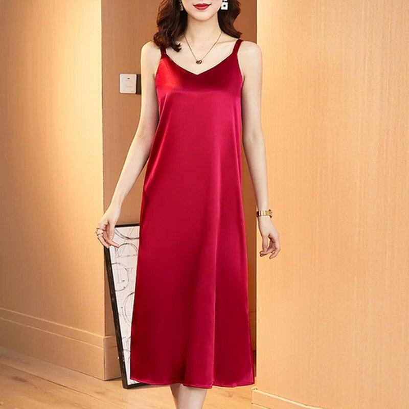 Sexy Women Satin Dress Summer  Strap Sleeveless Silk Dress Women Loose Long Dress Oversized Casual Dresses Robe Femme 14306