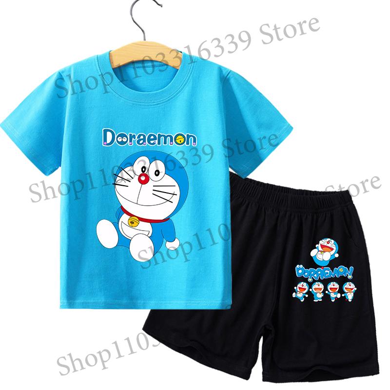 Boy Girl Short Sleeves Shorts 2pcs Set Kid Blue Top Summer Clothes Children T-shirt Set Cute Cartoon Tees
