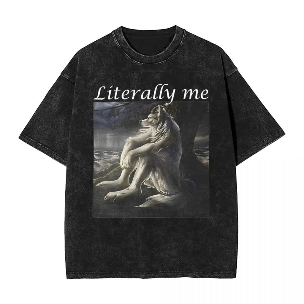 Sitting Wolf Literally Me Funny Meme Washed T Shirt Man Casual T-Shirts Beach O Neck Hipster Tee Shirt Design Tops