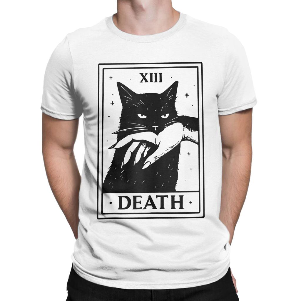 Men's Black Cat Tarot Death Halloween Witchy Cat Lover T Shirt Cotton Clothes Novelty Short Sleeve Crewneck Tees Classic T-Shirt