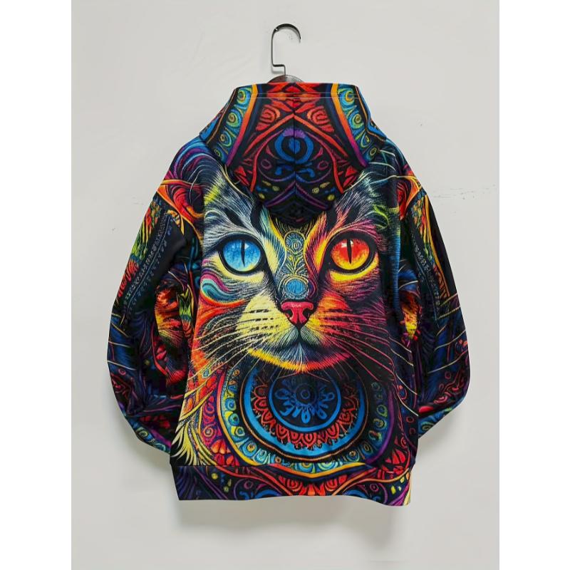 Толстовка с капюшоном и принтом кота по всей поверхности, повседневная толстовка с капюшоном и карманом-кенгуру с длинными рукавами, женская одежда