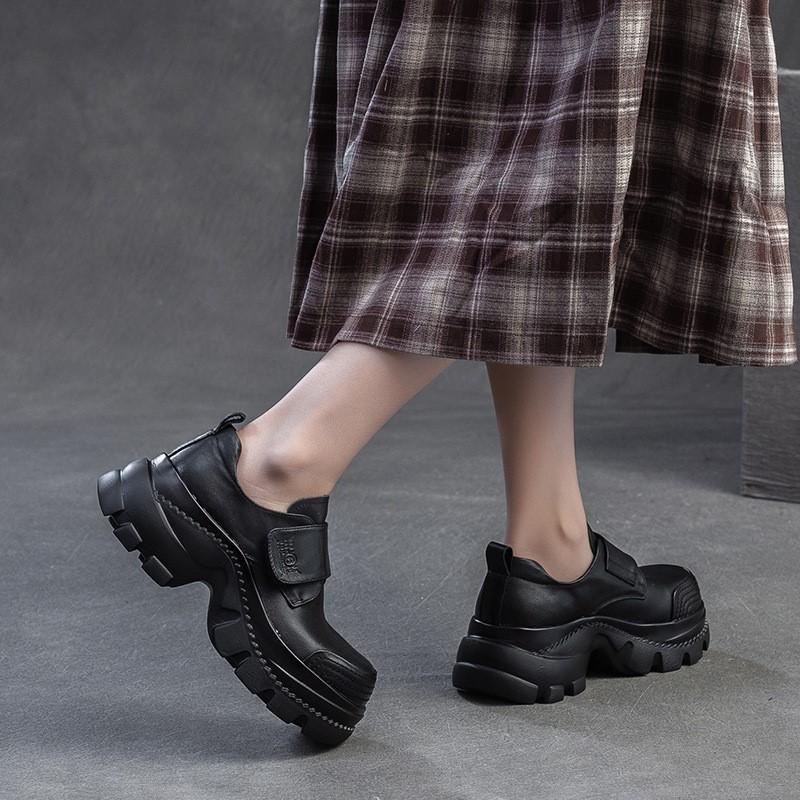 Johnature Туфли в стиле ретро с круглым носком и толстой подошвой. Повседневные женские туфли на платформе с застежкой-липучкой из натуральной кожи.