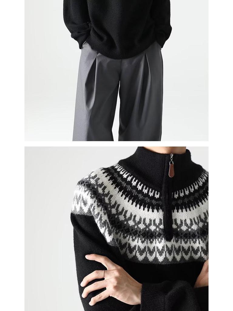 Мужской ретро вязаный свитер с жаккардовым узором и молнией на половину - Осенне-зимний стиль