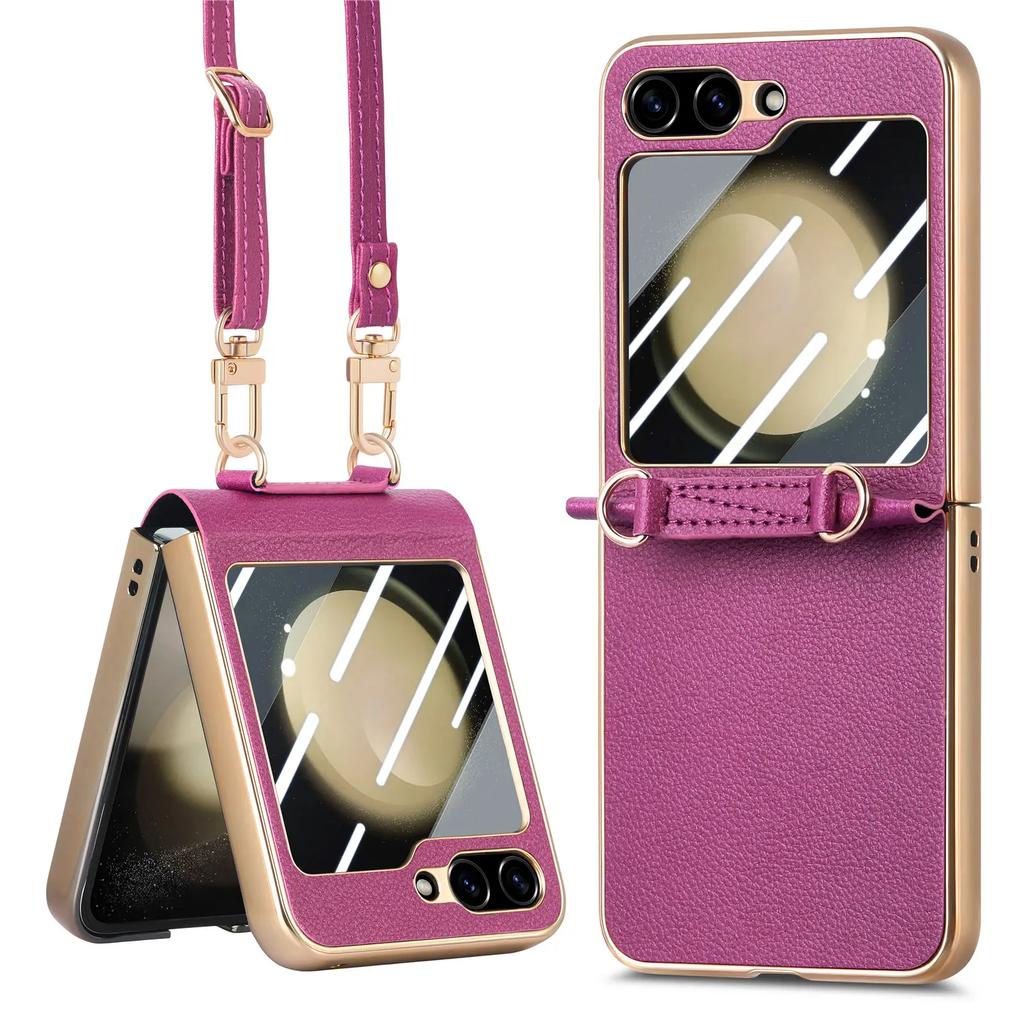 Кроссбоди Шнурок Гальваническое покрытие PU Кожа Чехол для телефона для Samsung Galaxy Z Flip 5 Flip5 5G Жесткий Чехол Ударопрочная Накладка