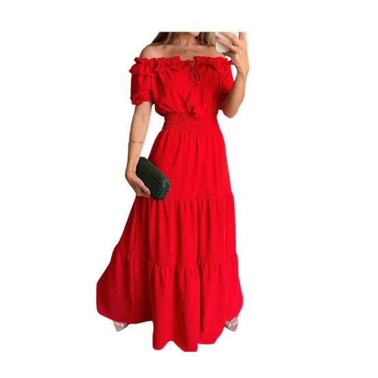 Women's Summer Off Shoulder Ruffle Maxi Dress Short Sleeve High Waist A-Line Dress Flowy Beach Long Dress
